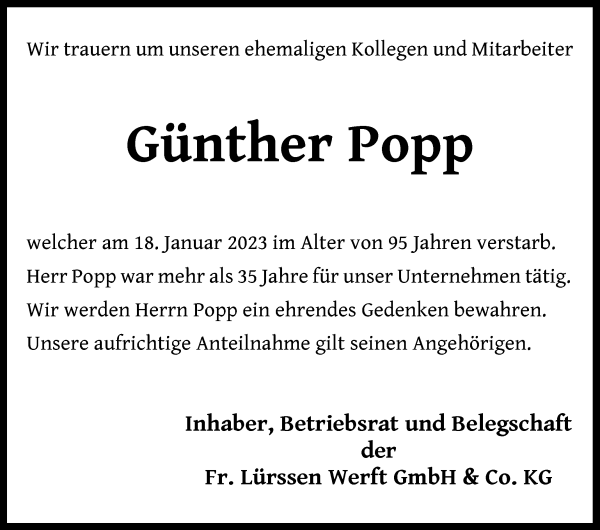 Traueranzeige von Günther Popp von Die Norddeutsche