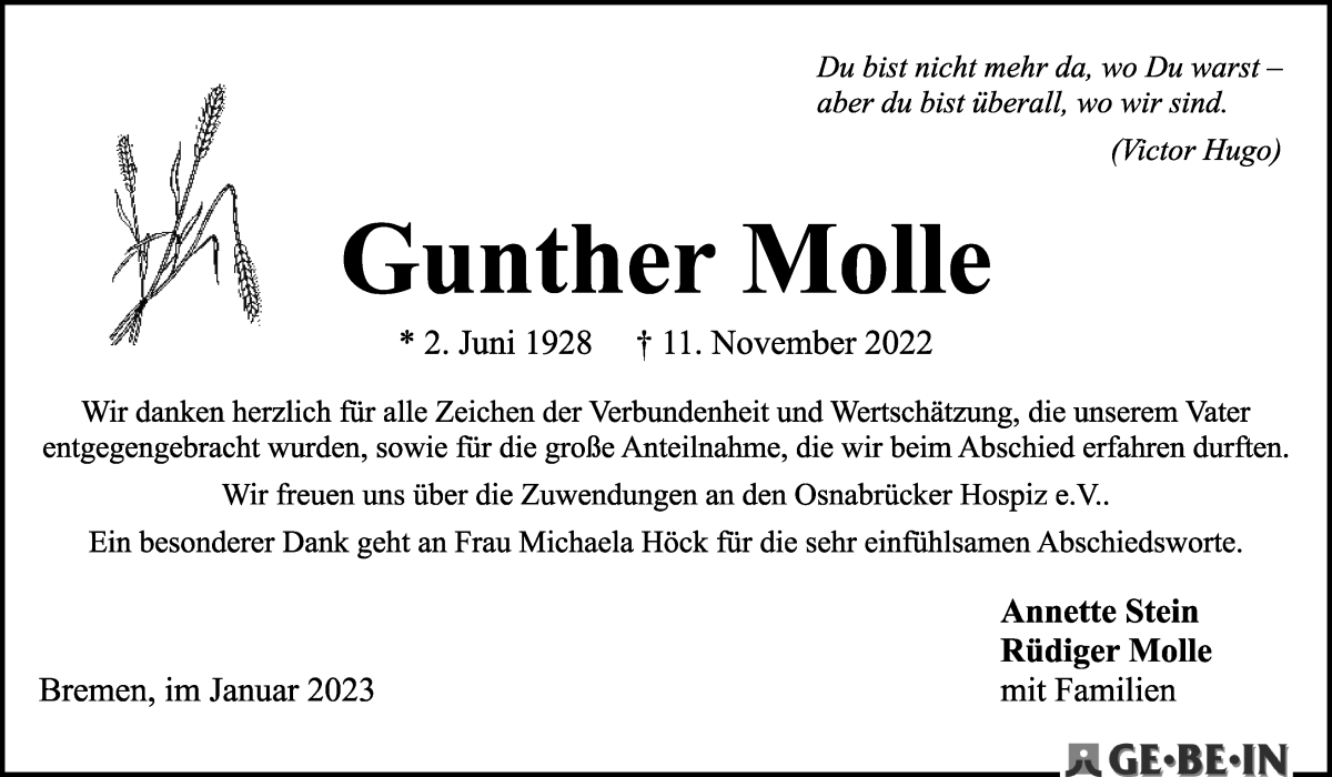  Traueranzeige für Gunther Molle vom 14.01.2023 aus WESER-KURIER