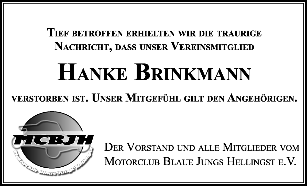 Traueranzeige von Hanke Brinkmann von Osterholzer Kreisblatt