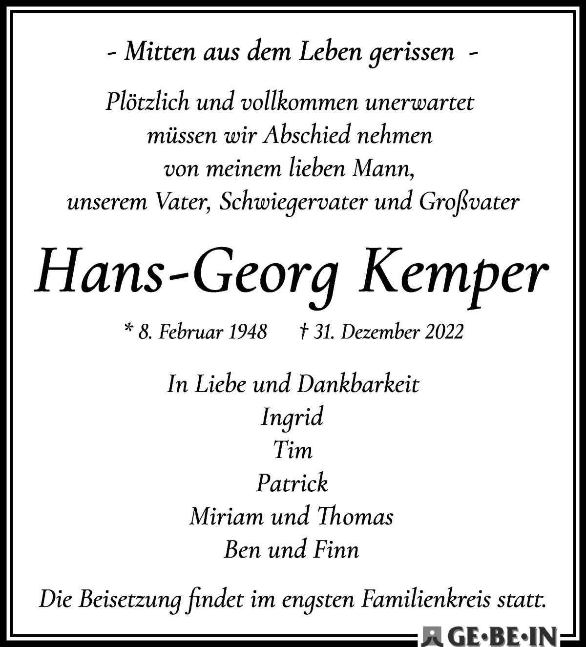 Traueranzeige von Hans-Georg Kemper von WESER-KURIER