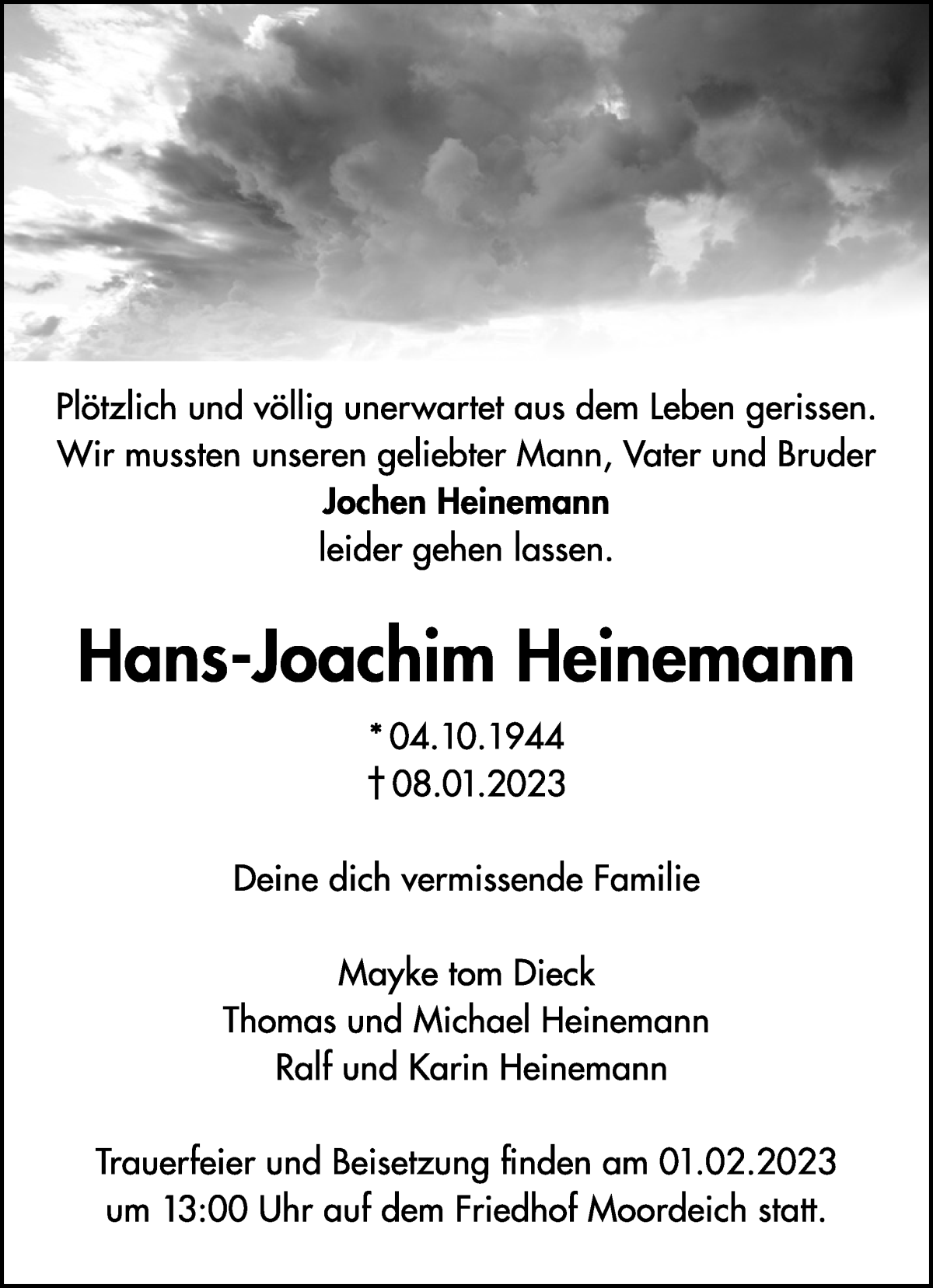 Traueranzeige für Hans-Joachim Heinemann vom 21.01.2023 aus WESER-KURIER