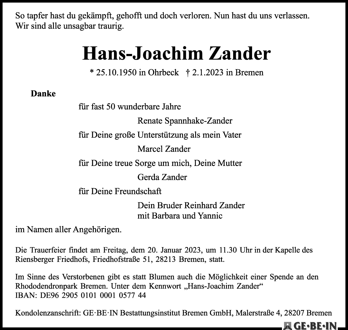  Traueranzeige für Hans-Joachim Zander vom 12.01.2023 aus WESER-KURIER