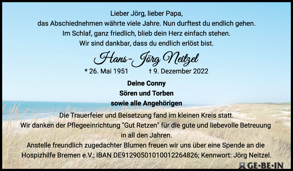  Traueranzeige für Hans-Jörg Neitzel vom 07.01.2023 aus WESER-KURIER