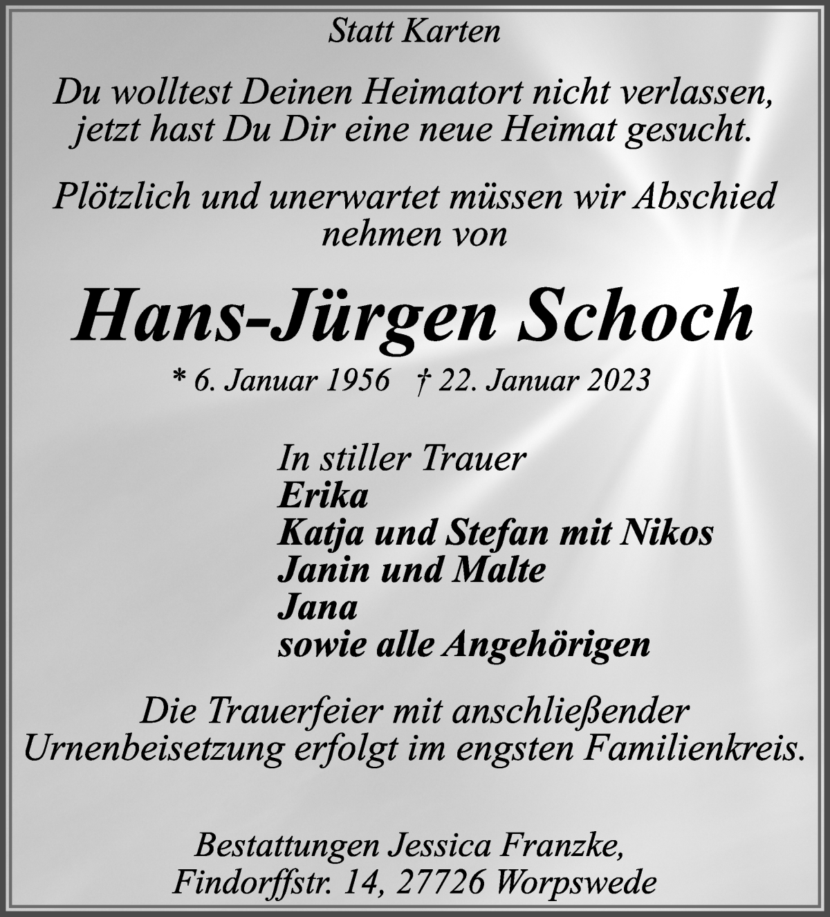 Traueranzeige von Hans-Jürgen Schoch von Wuemme Zeitung