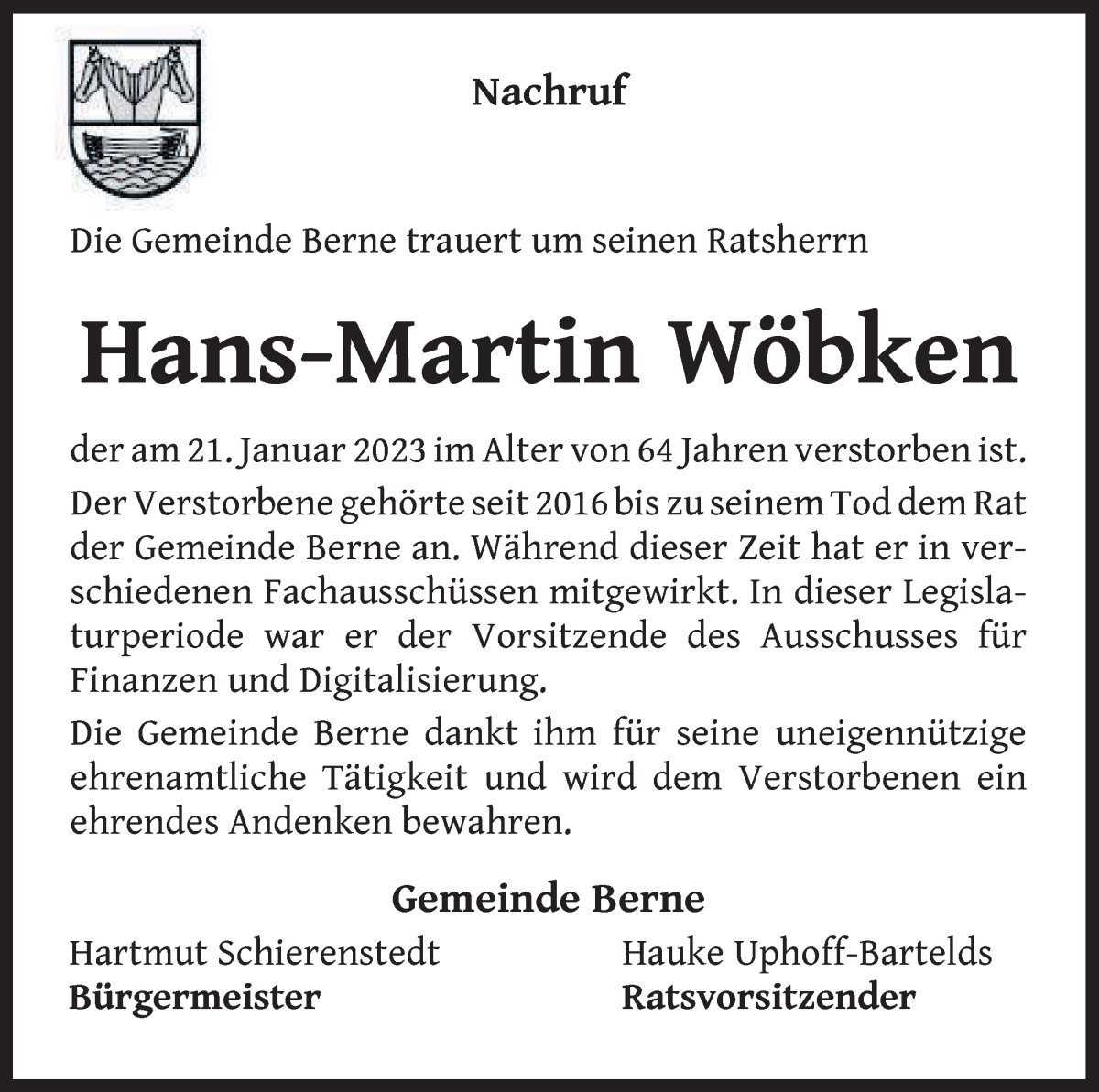Traueranzeige von Hans-Martin Wöbken von Die Norddeutsche