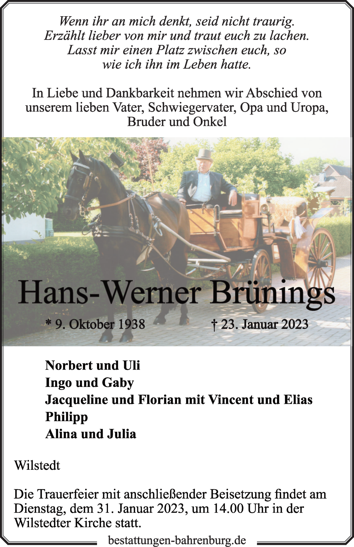 Traueranzeige von Hans-Werner Brünings von Wuemme Zeitung