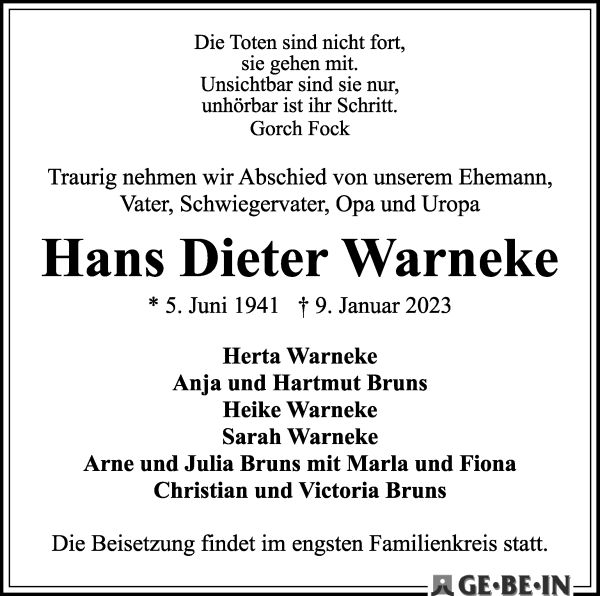 Traueranzeige von Hans Dieter Warneke von WESER-KURIER