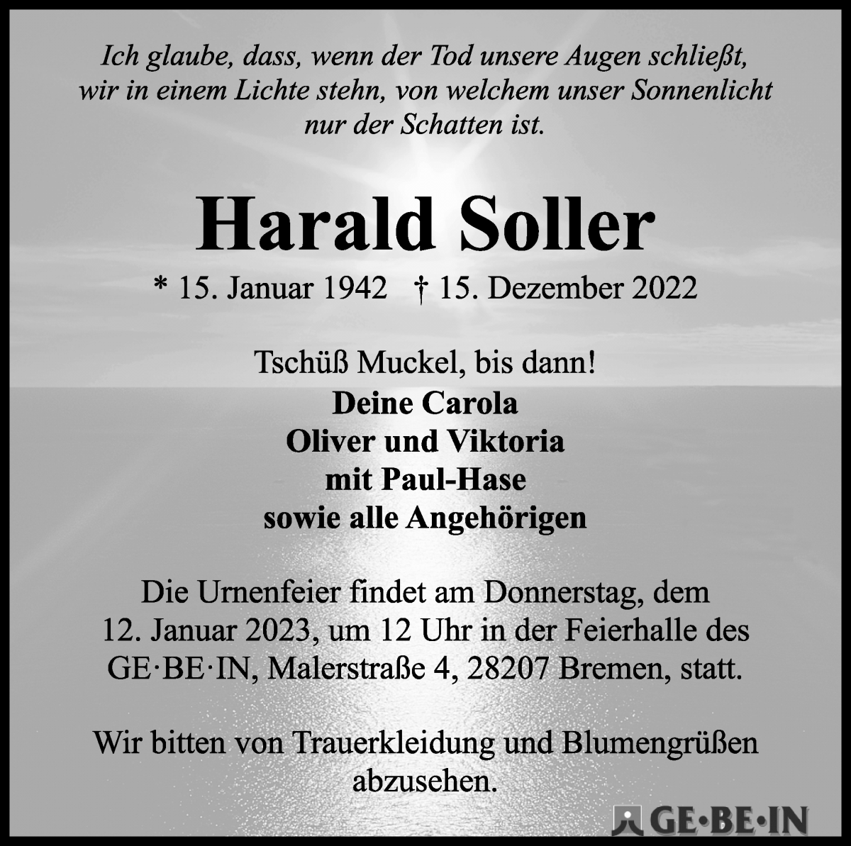 Traueranzeige von Harald Soller von WESER-KURIER