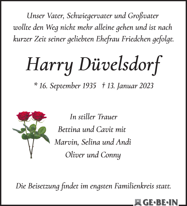 Traueranzeige von Harry Düvelsdorf von WESER-KURIER