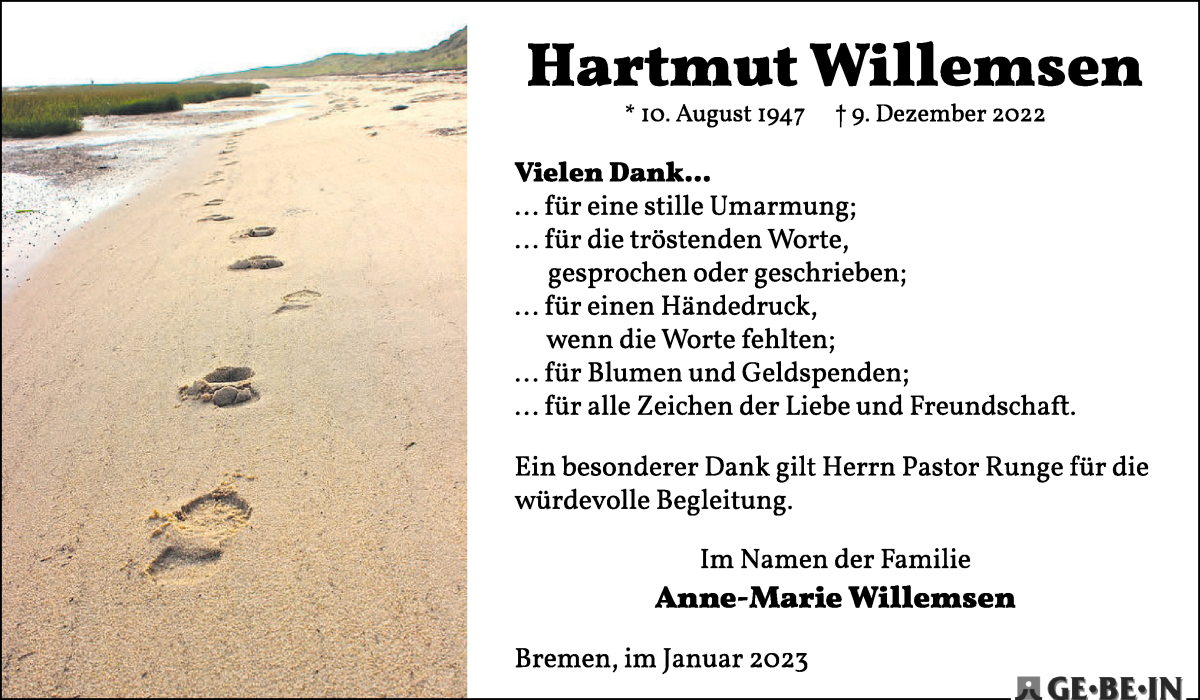 Traueranzeige von Hartmut Willemsen von WESER-KURIER