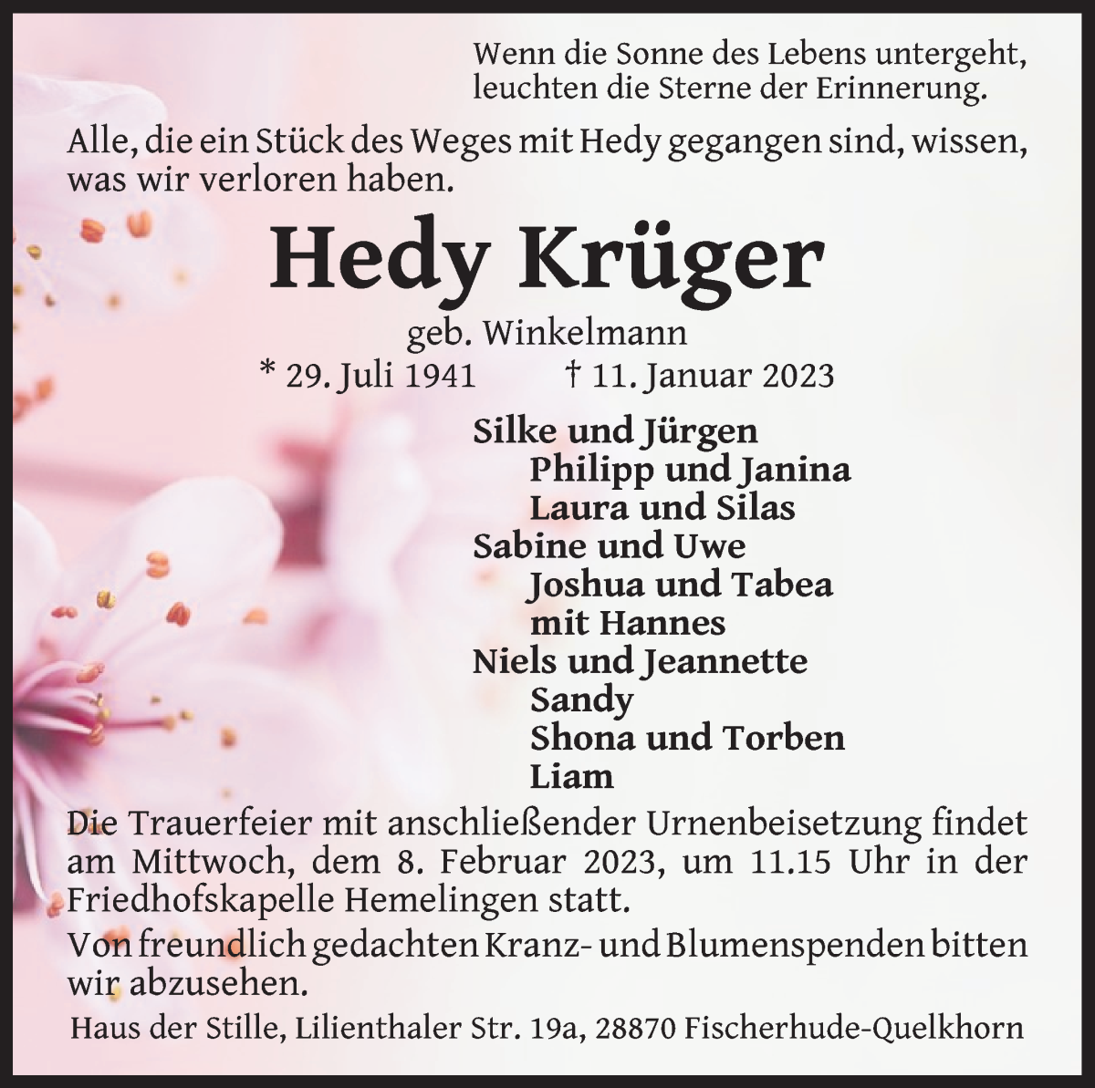  Traueranzeige für Hedy Krüger vom 21.01.2023 aus WESER-KURIER