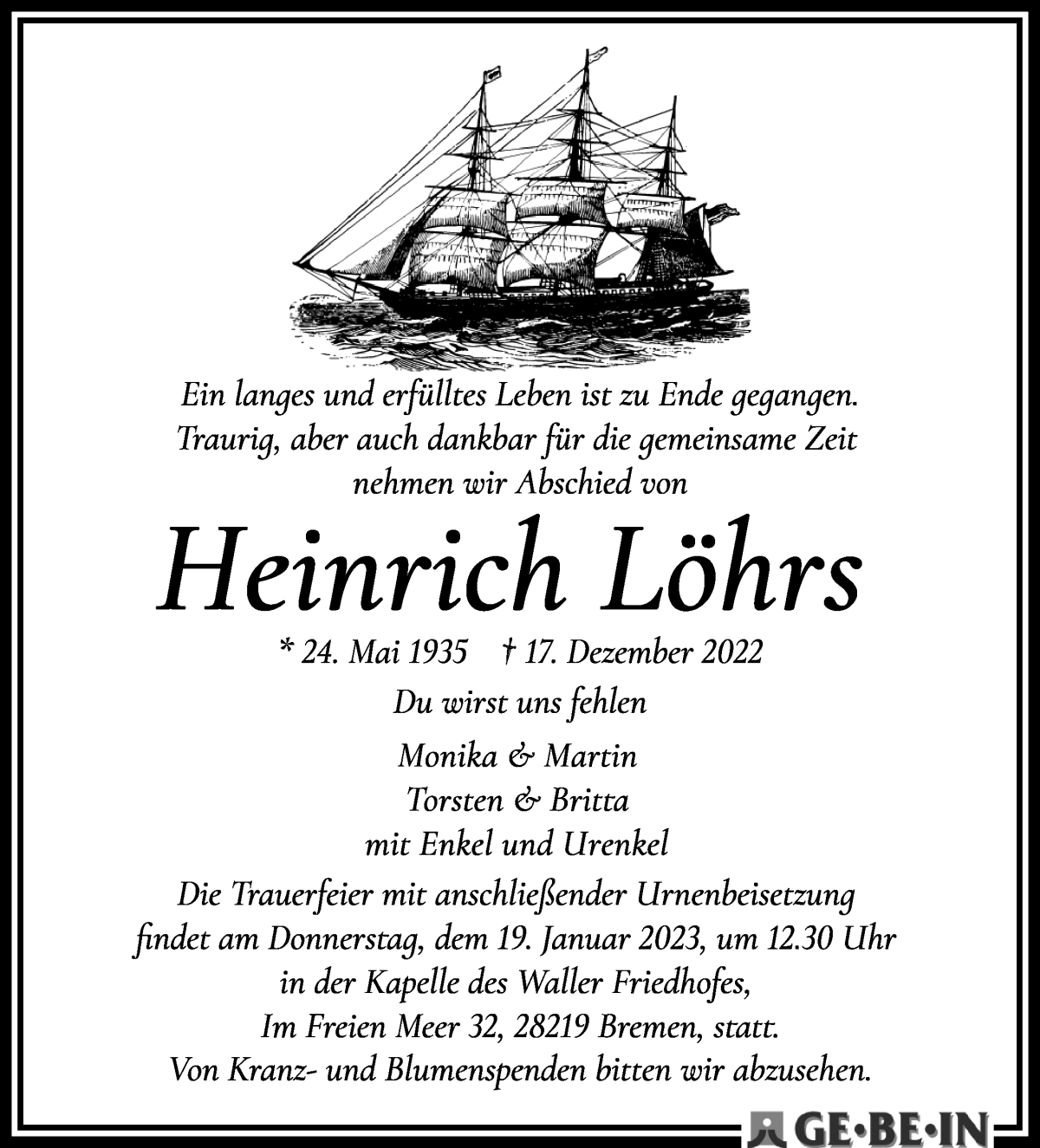  Traueranzeige für Heinrich Löhrs vom 18.01.2023 aus WESER-KURIER