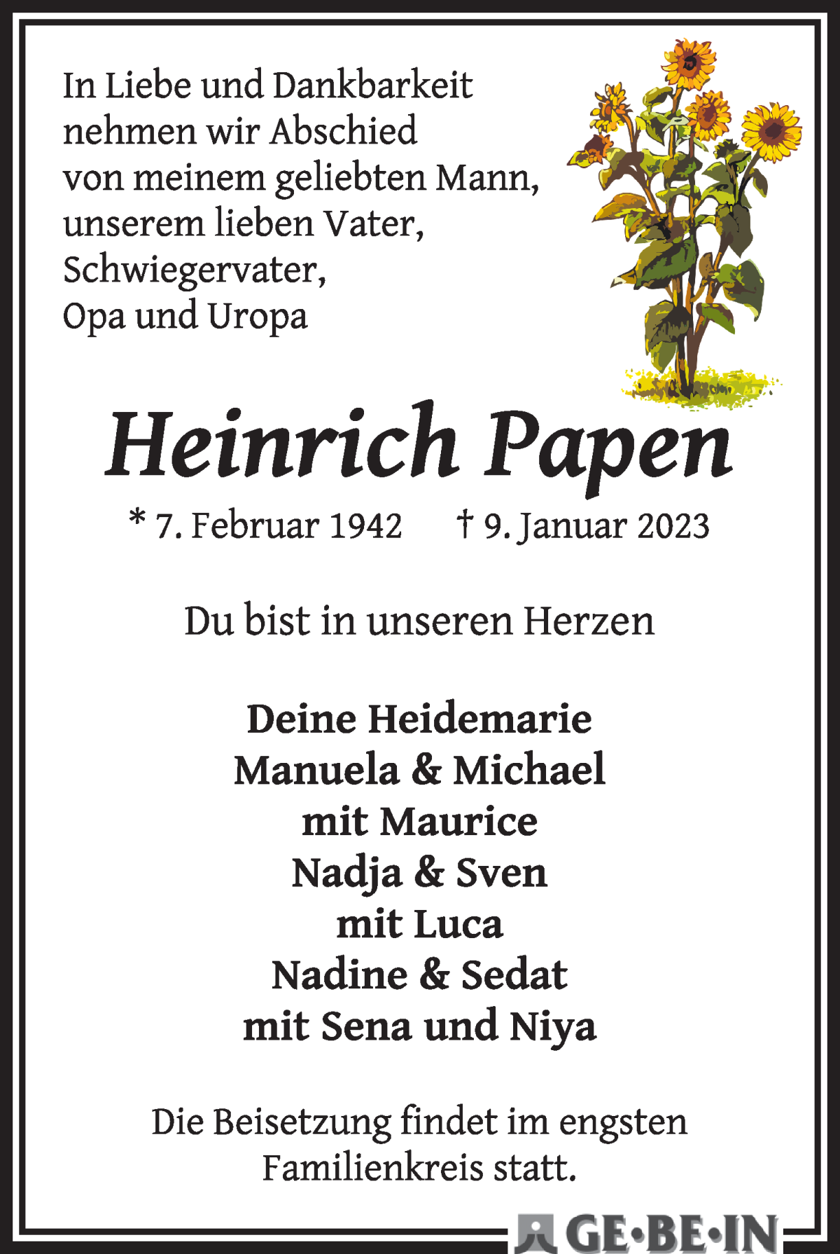  Traueranzeige für Heinrich Papen vom 18.01.2023 aus WESER-KURIER