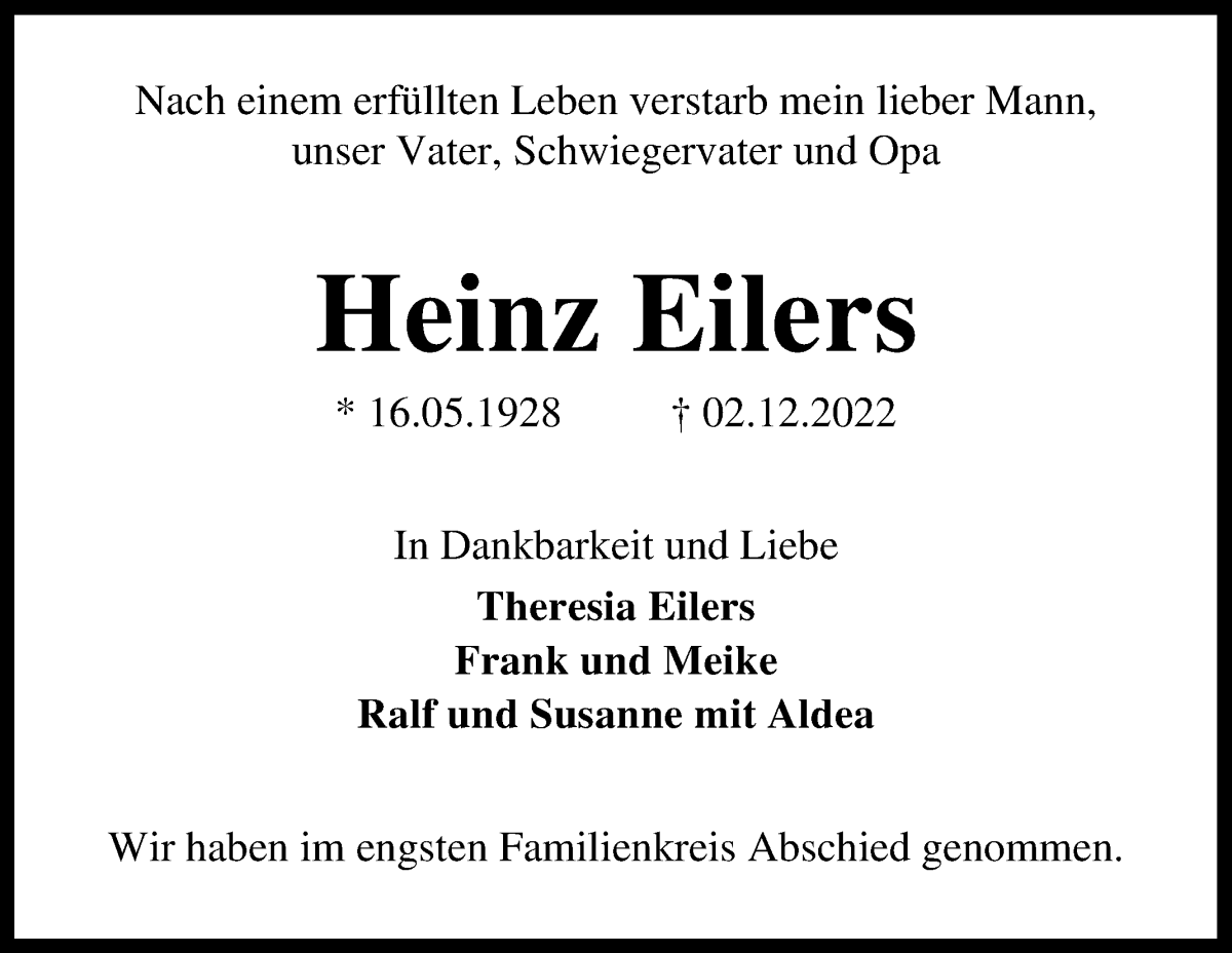  Traueranzeige für Heinz Eilers vom 28.01.2023 aus Die Norddeutsche