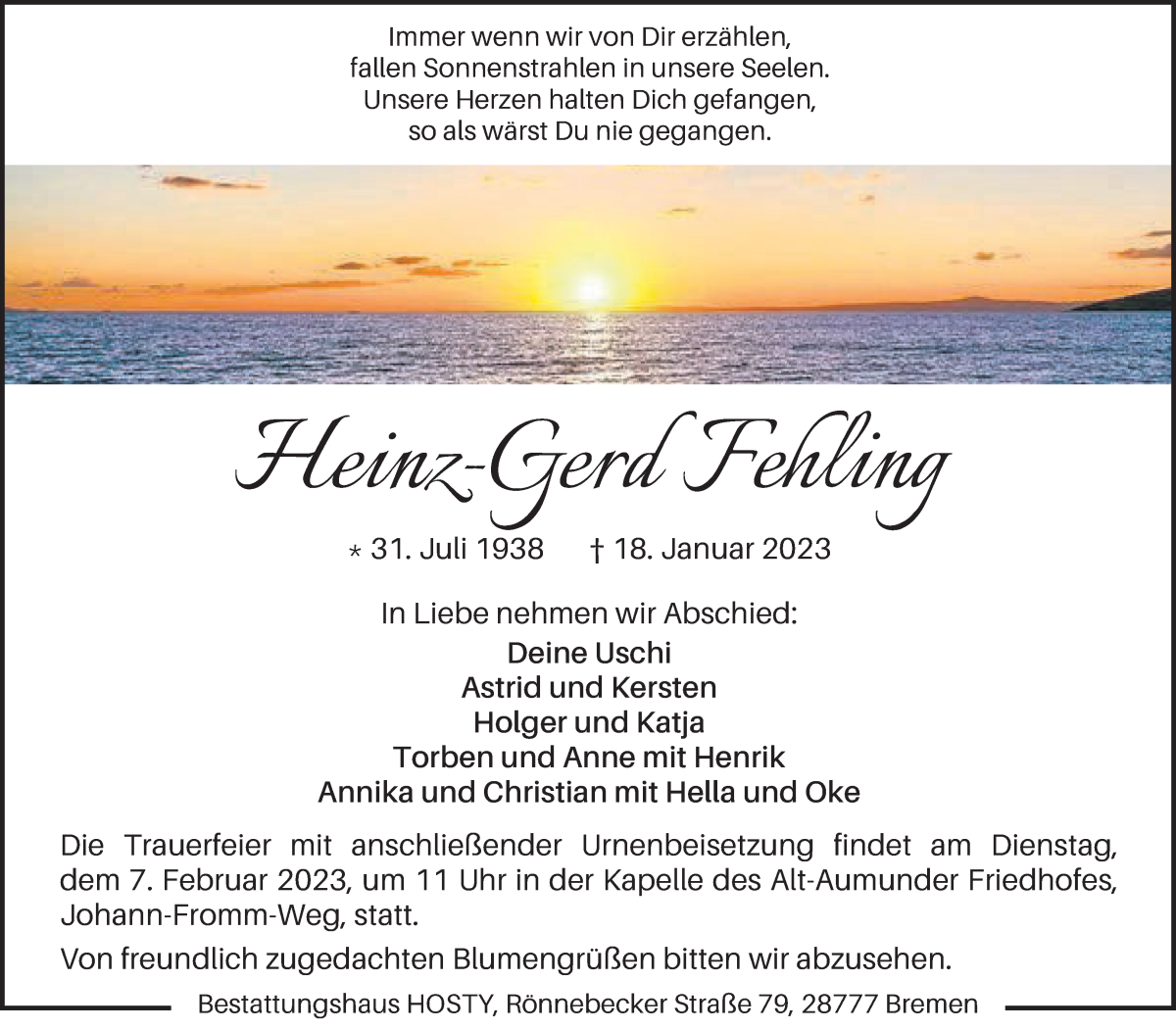 Traueranzeige von Heinz-Gerd Fehling von Die Norddeutsche