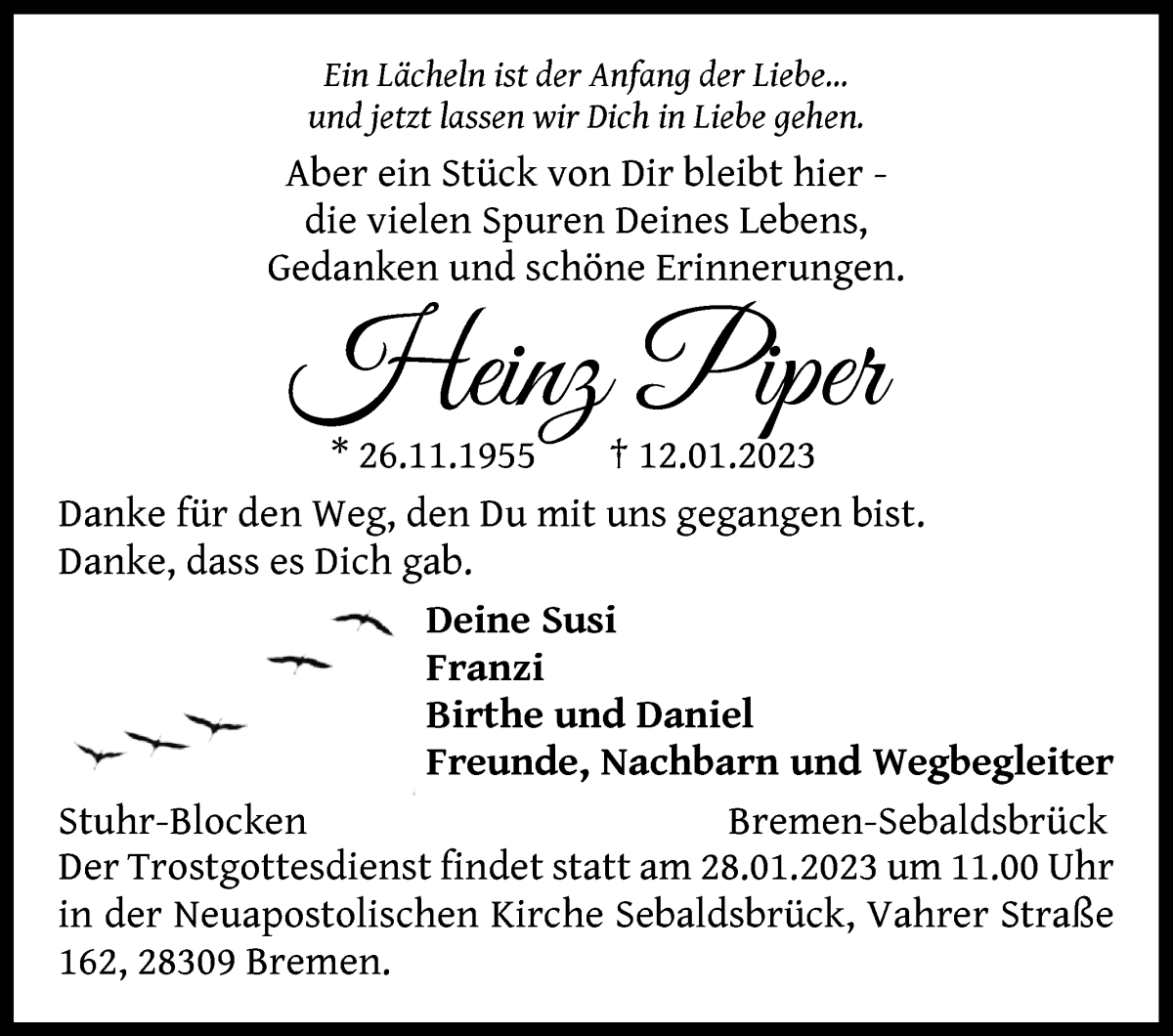  Traueranzeige für Heinz Piper vom 21.01.2023 aus WESER-KURIER