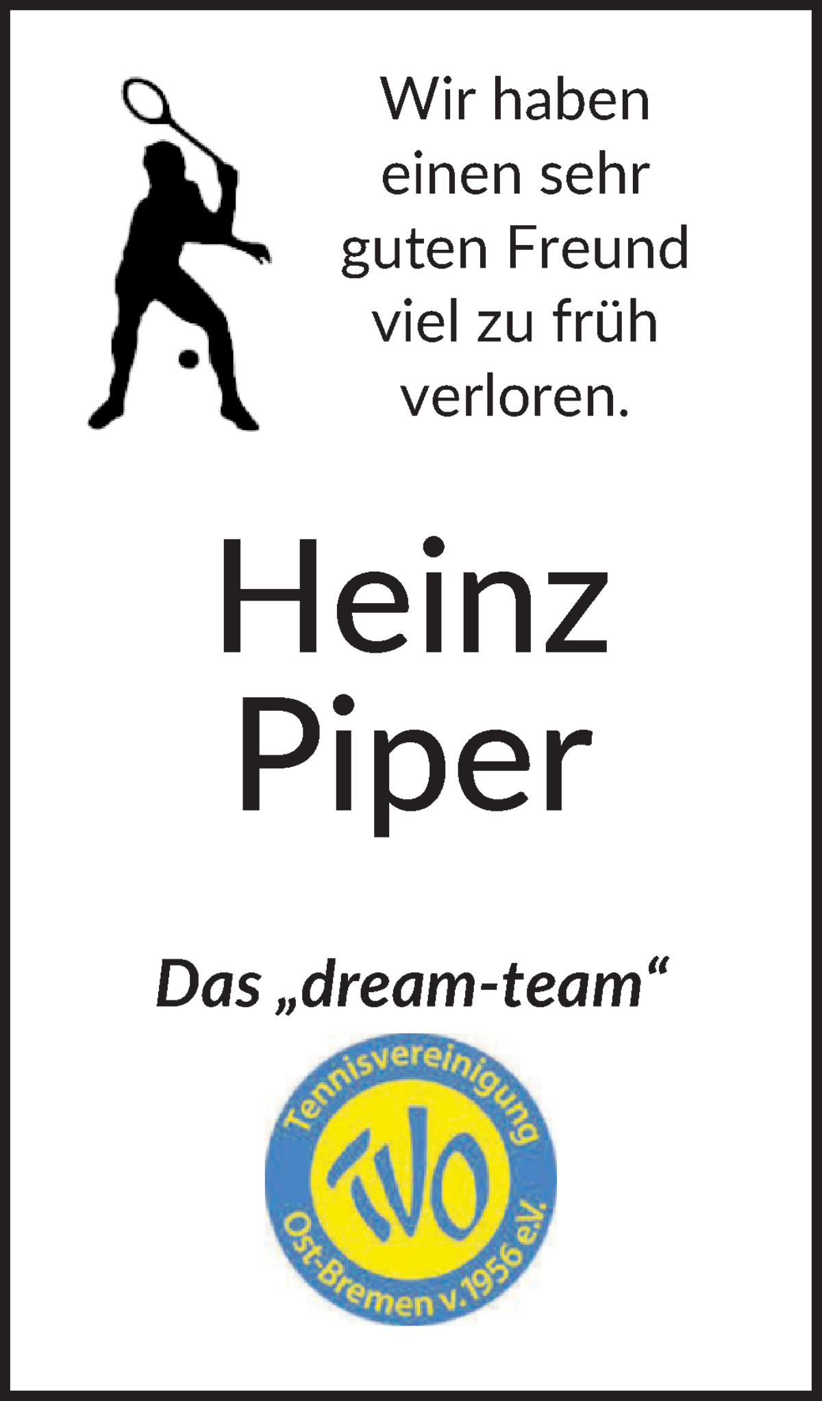  Traueranzeige für Heinz Piper vom 21.01.2023 aus WESER-KURIER