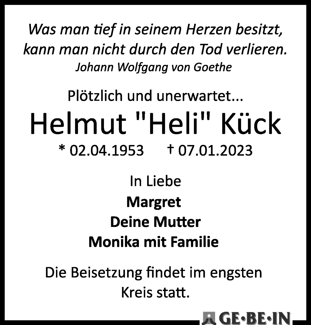  Traueranzeige für Helmut Kück vom 14.01.2023 aus WESER-KURIER