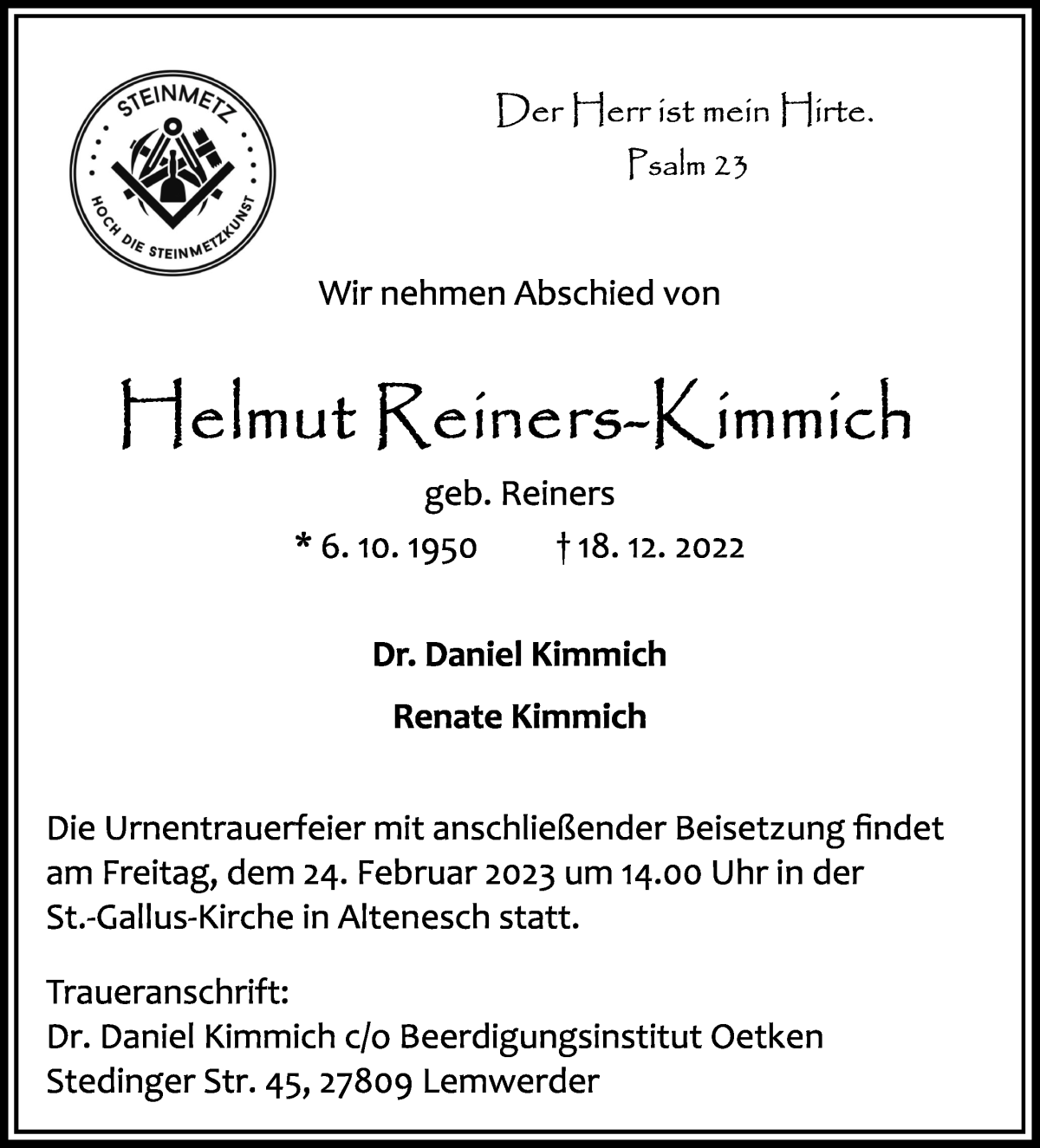 Traueranzeige von Helmut Reiners-Kimmich von WESER-KURIER