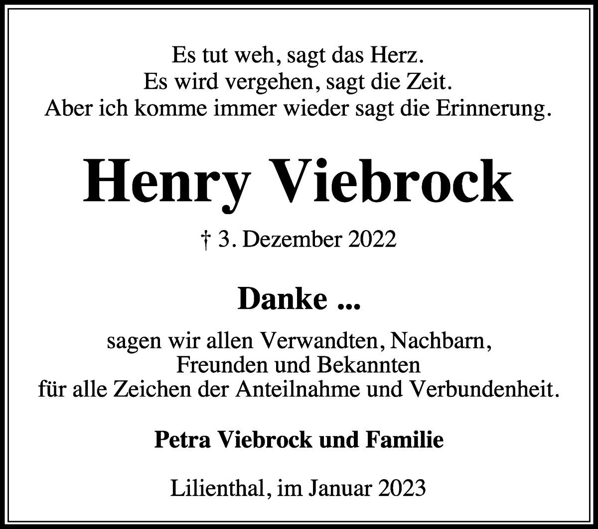  Traueranzeige für Henry Viebrock vom 21.01.2023 aus Wuemme Zeitung