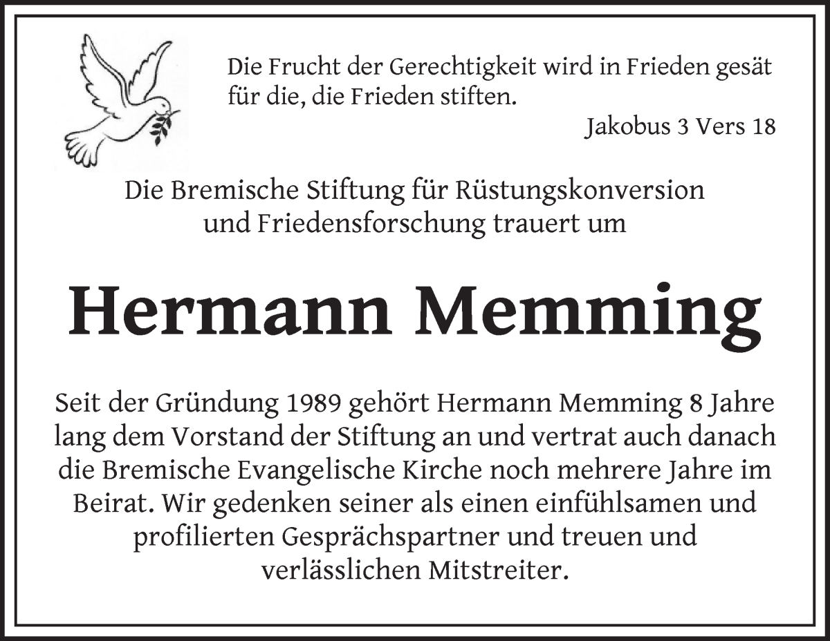  Traueranzeige für Hermann Memming vom 18.01.2023 aus WESER-KURIER