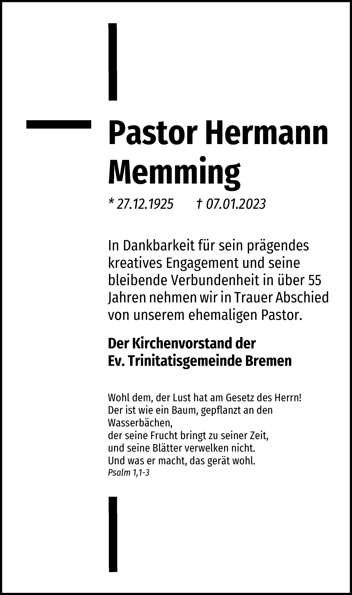  Traueranzeige für Hermann Memming vom 14.01.2023 aus WESER-KURIER