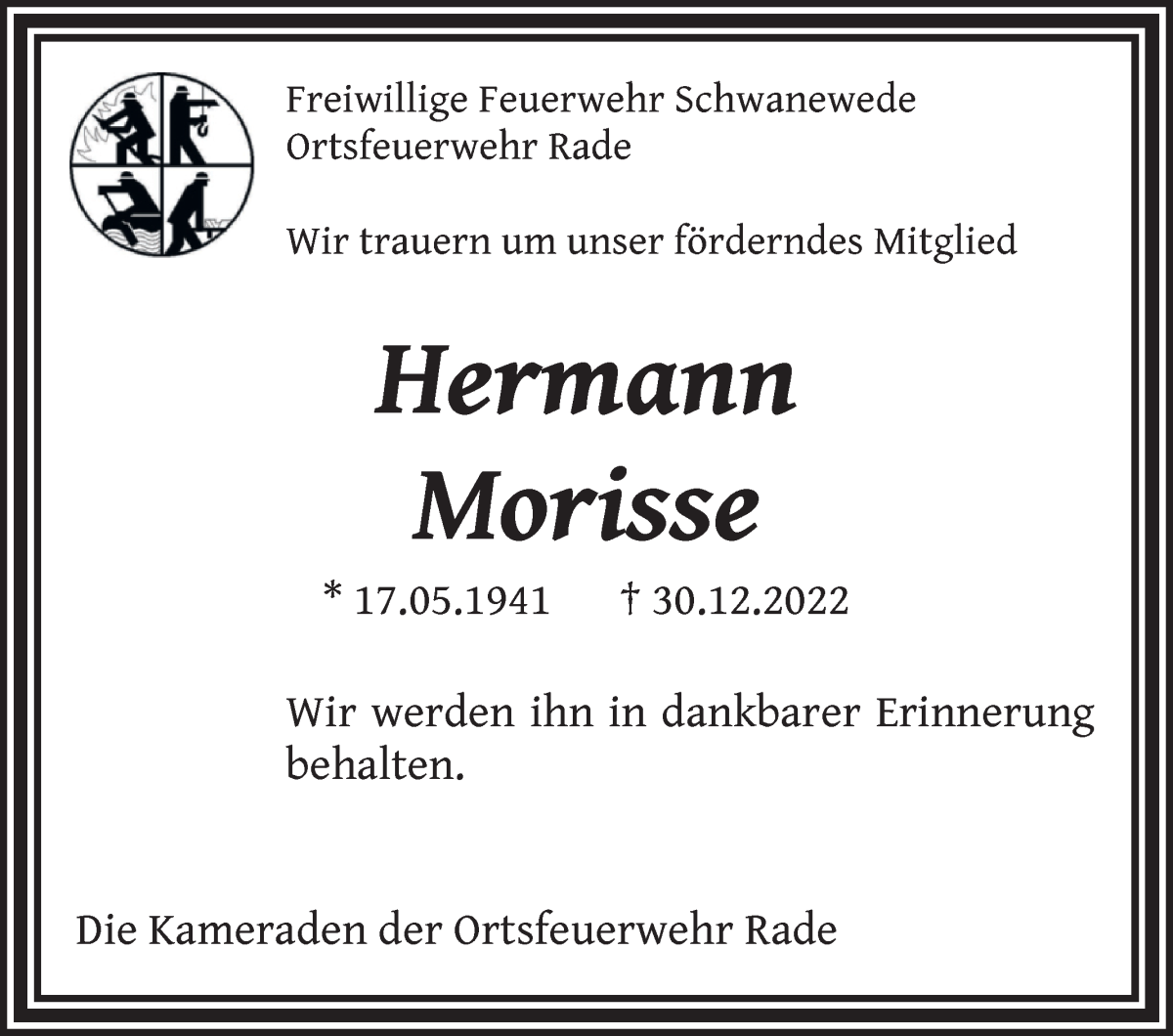 Traueranzeige von Hermann Morisse von Die Norddeutsche