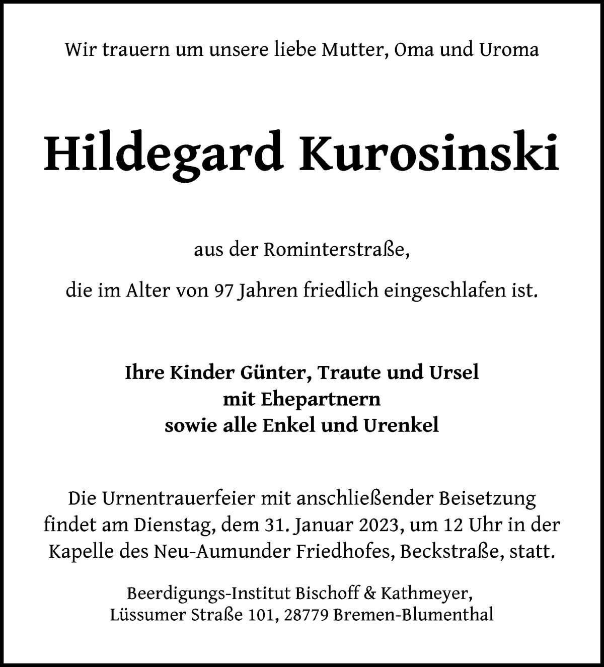  Traueranzeige für Hildegard Kurosinski vom 28.01.2023 aus Die Norddeutsche