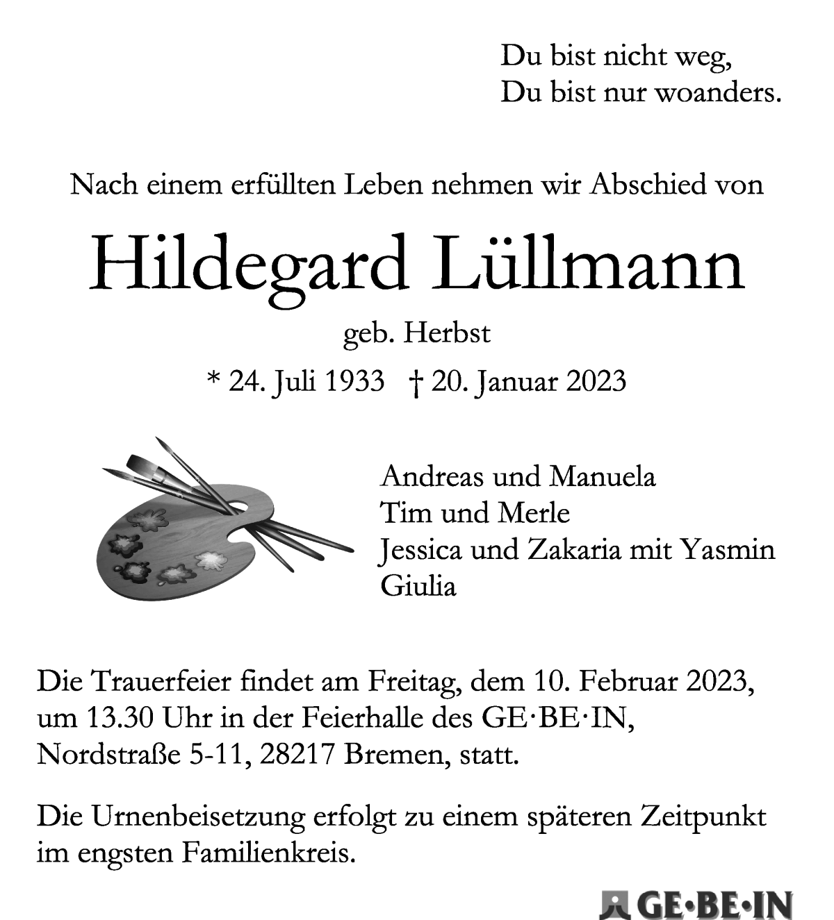 Traueranzeige von Hildegard Lüllmann von WESER-KURIER