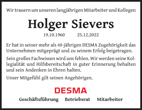 Traueranzeige von Holger Sievers