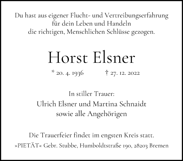 Traueranzeige von Horst Elsner von WESER-KURIER