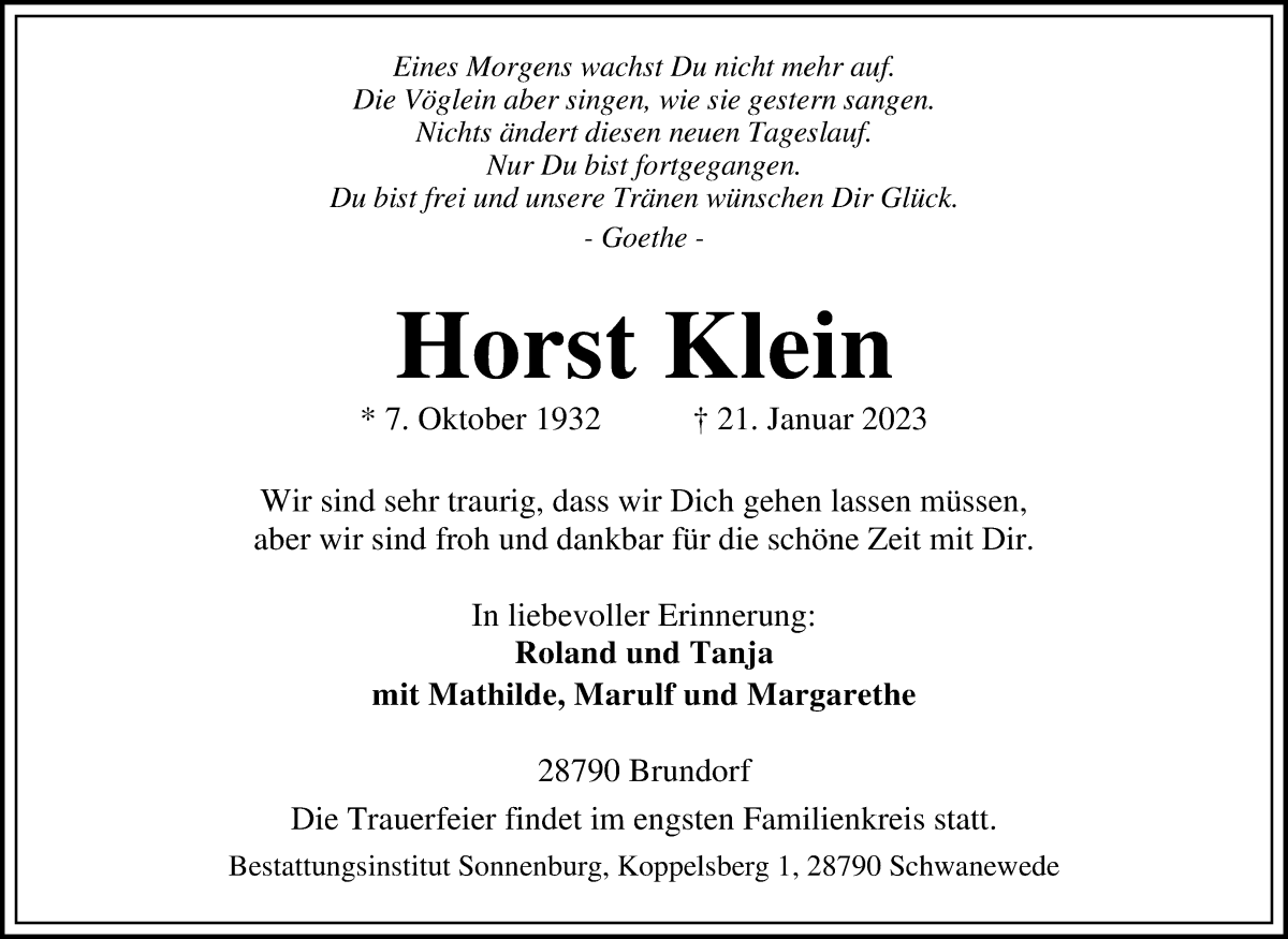 Traueranzeige von Horst Klein von Die Norddeutsche