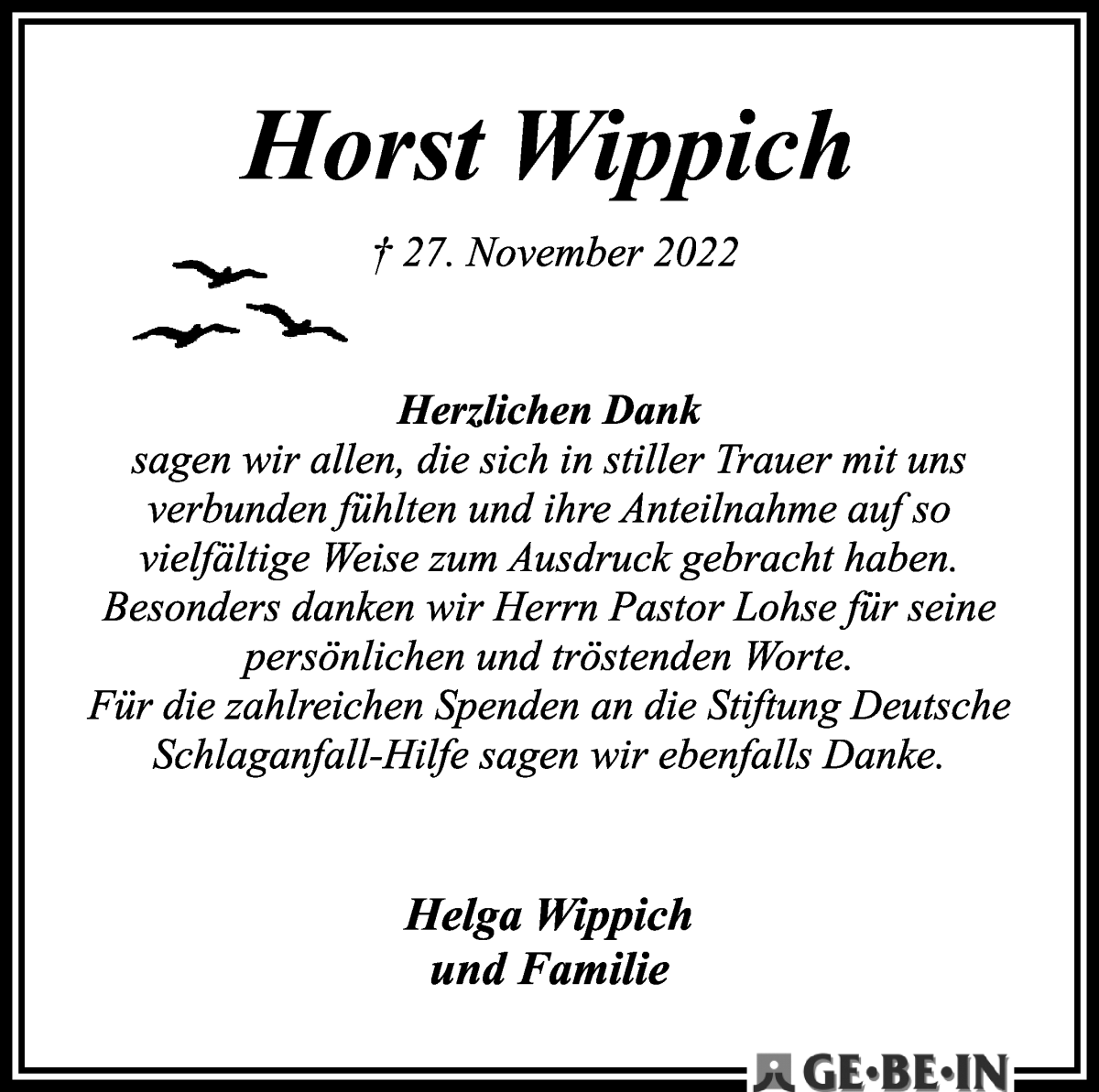  Traueranzeige für Horst Wippich vom 07.01.2023 aus WESER-KURIER