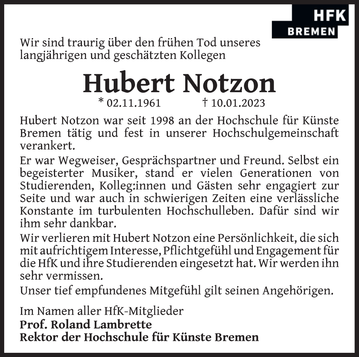  Traueranzeige für Hubert Notzon vom 21.01.2023 aus WESER-KURIER