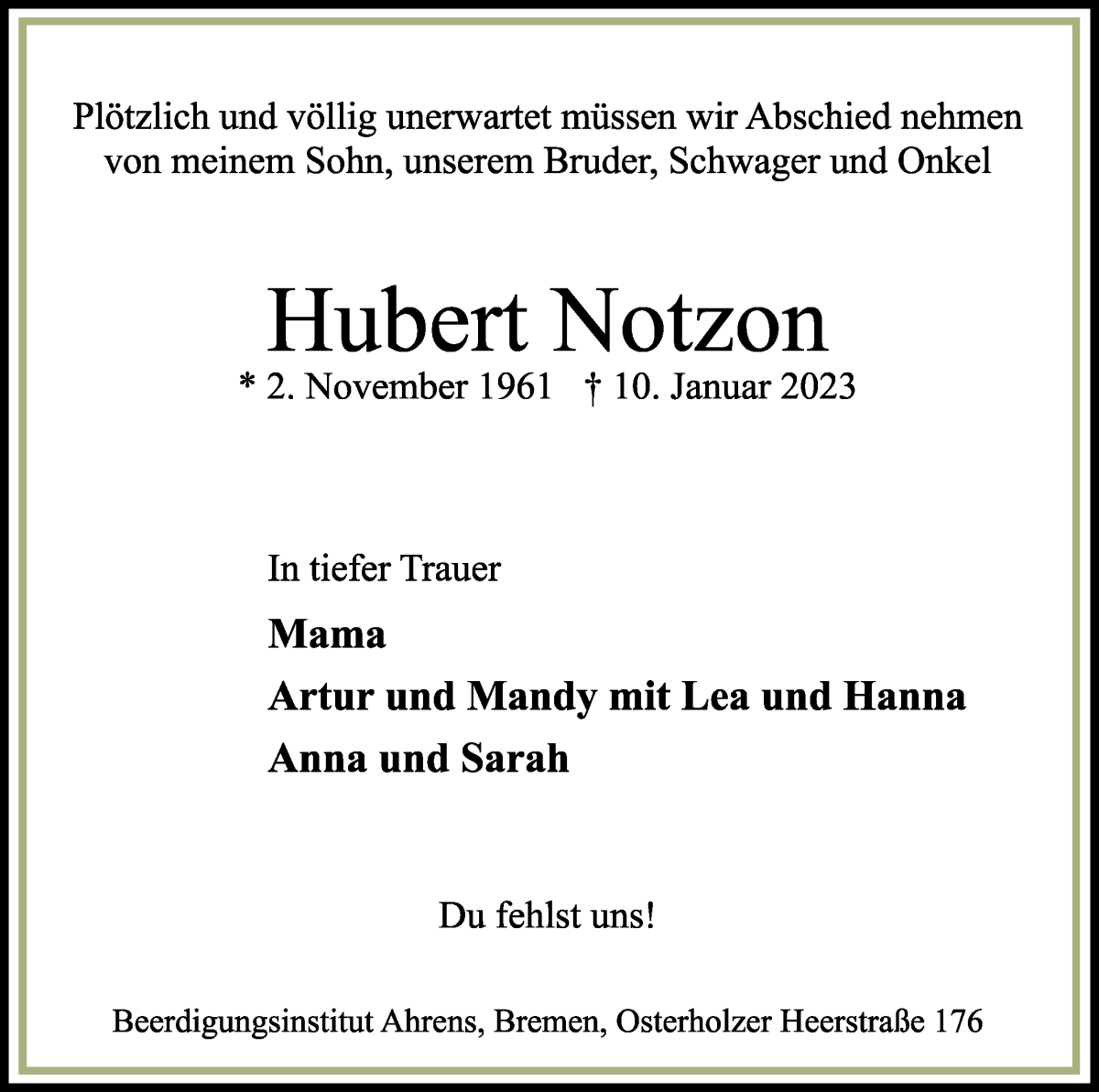  Traueranzeige für Hubert Notzon vom 28.01.2023 aus WESER-KURIER