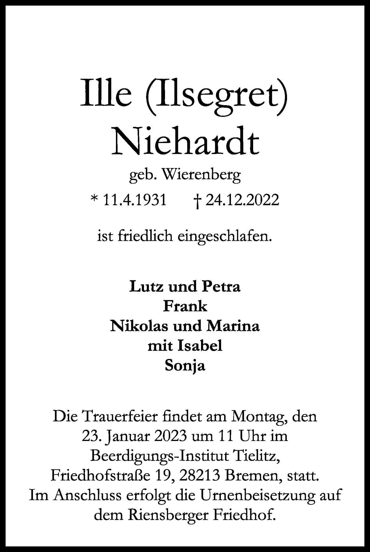 Traueranzeige von Ille (Ilsegret) Niehardt von WESER-KURIER