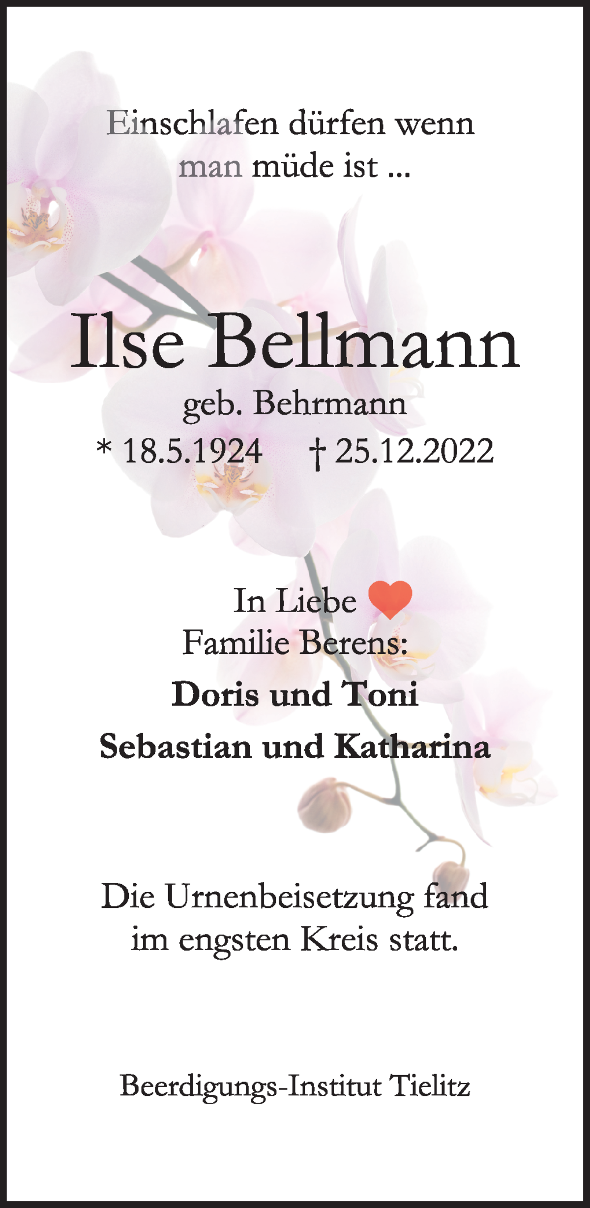  Traueranzeige für Ilse Bellmann vom 21.01.2023 aus WESER-KURIER