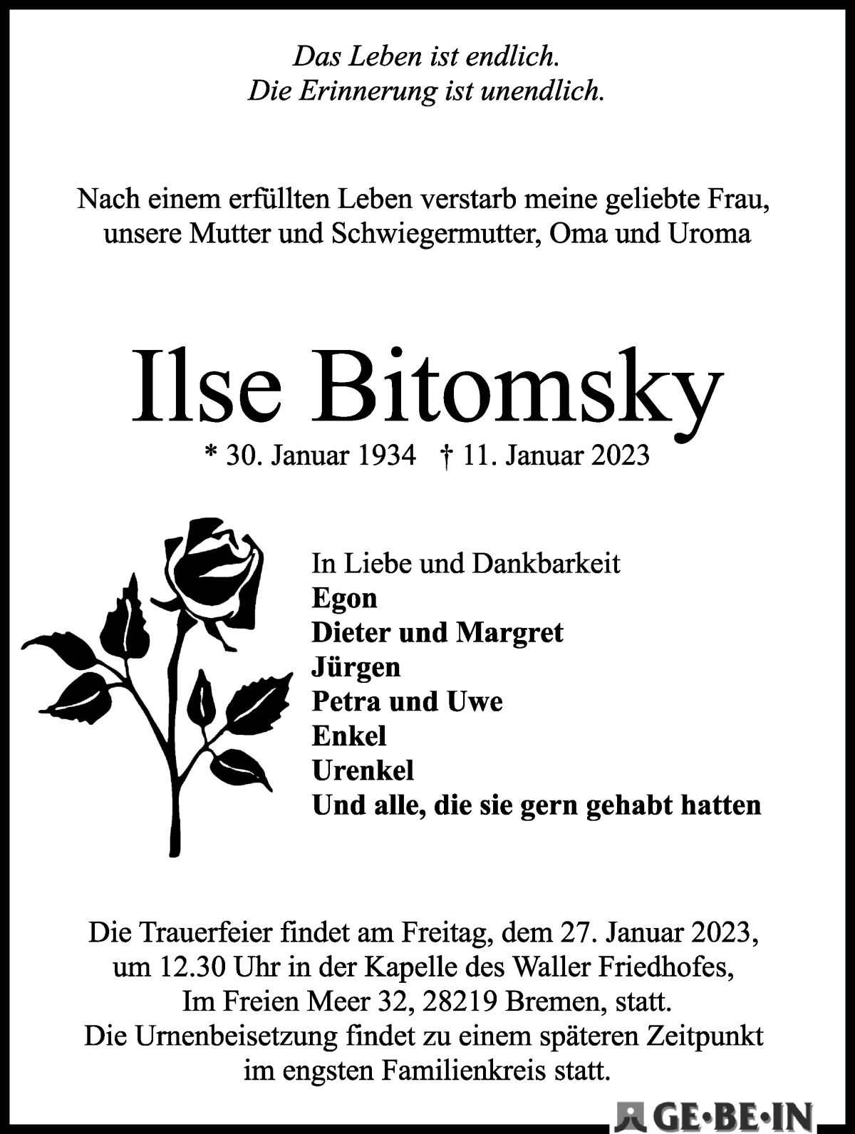  Traueranzeige für Ilse Bitomsky vom 21.01.2023 aus WESER-KURIER