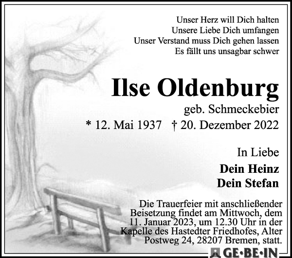 Traueranzeige von Ilse Oldenburg von WESER-KURIER