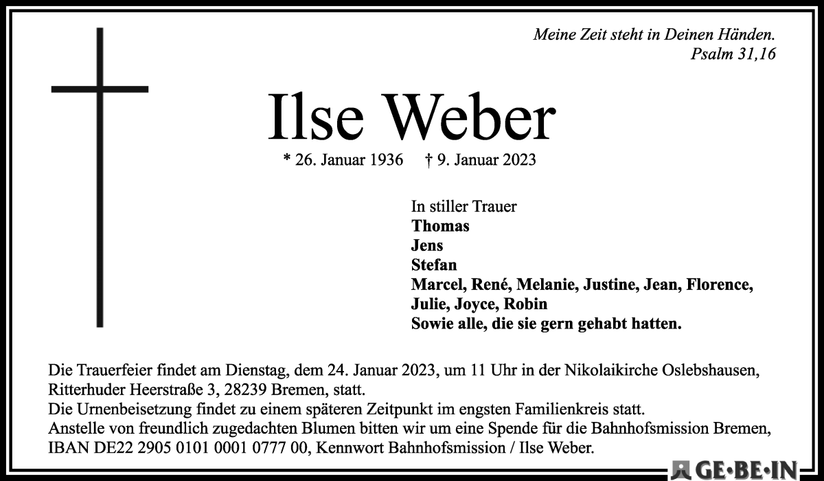 Traueranzeige für Ilse Weber vom 18.01.2023 aus WESER-KURIER