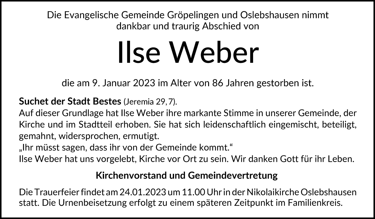  Traueranzeige für Ilse Weber vom 18.01.2023 aus WESER-KURIER