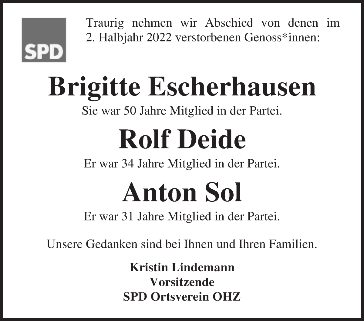 Traueranzeige von Im Gedenken SPD Ortsverein OHZ von Osterholzer Kreisblatt
