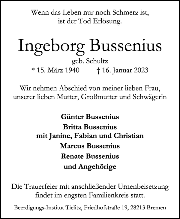 Traueranzeige von Ingeborg Bussenius von WESER-KURIER