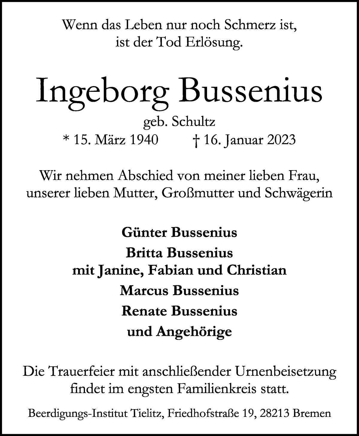 Traueranzeige von Ingeborg Bussenius von WESER-KURIER
