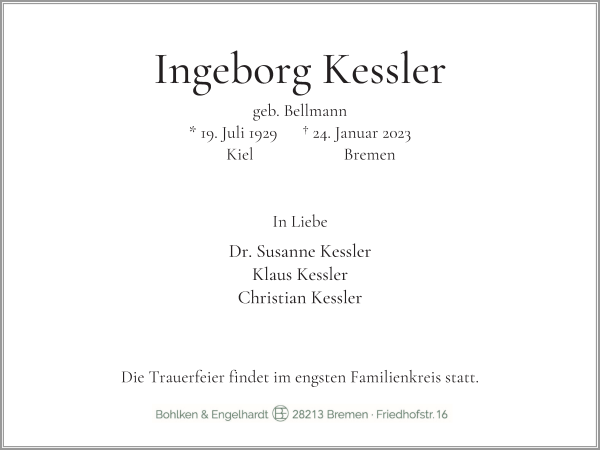 Traueranzeige von Ingeborg Kessler von WESER-KURIER