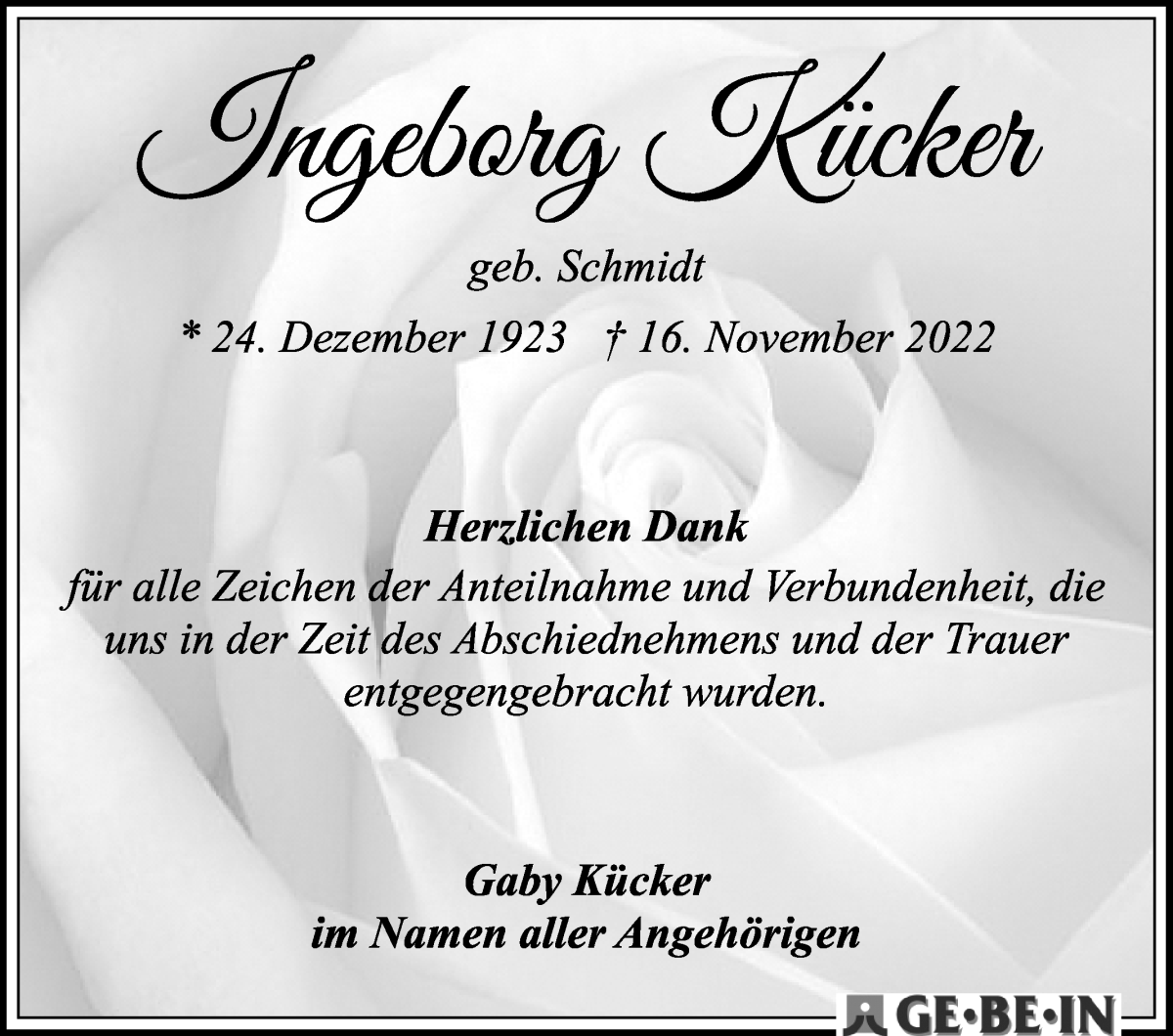  Traueranzeige für Ingeborg Kücker vom 07.01.2023 aus WESER-KURIER