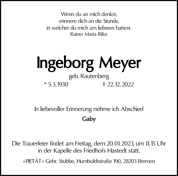 Traueranzeige von Ingeborg Meyer von WESER-KURIER