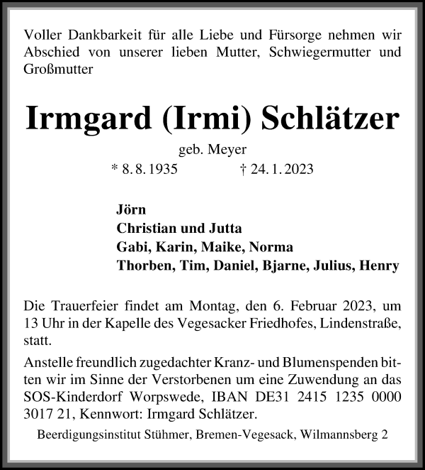Traueranzeige von Irmgard (Irmi) Schlätzer von Die Norddeutsche