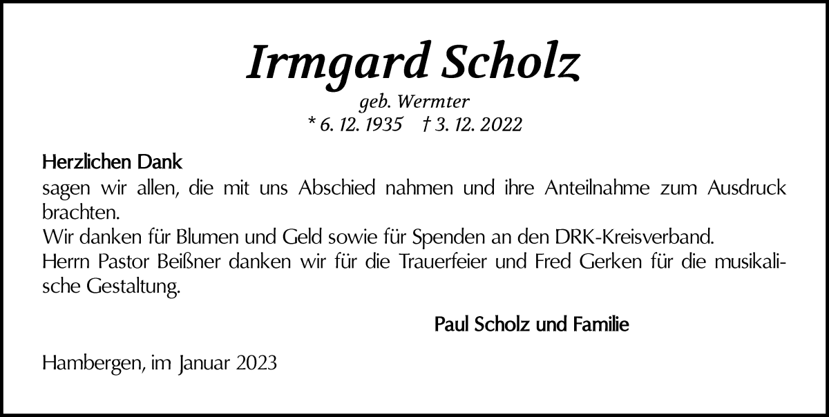  Traueranzeige für Irmgard Scholz vom 07.01.2023 aus Osterholzer Kreisblatt