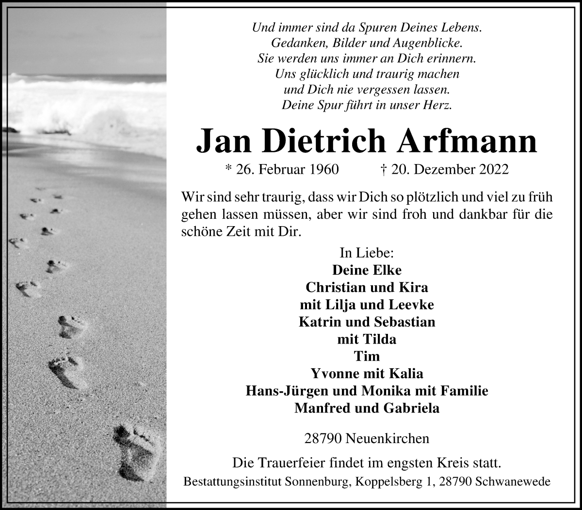 Traueranzeige für Jan Dietrich Arfmann vom 21.01.2023 aus Die Norddeutsche